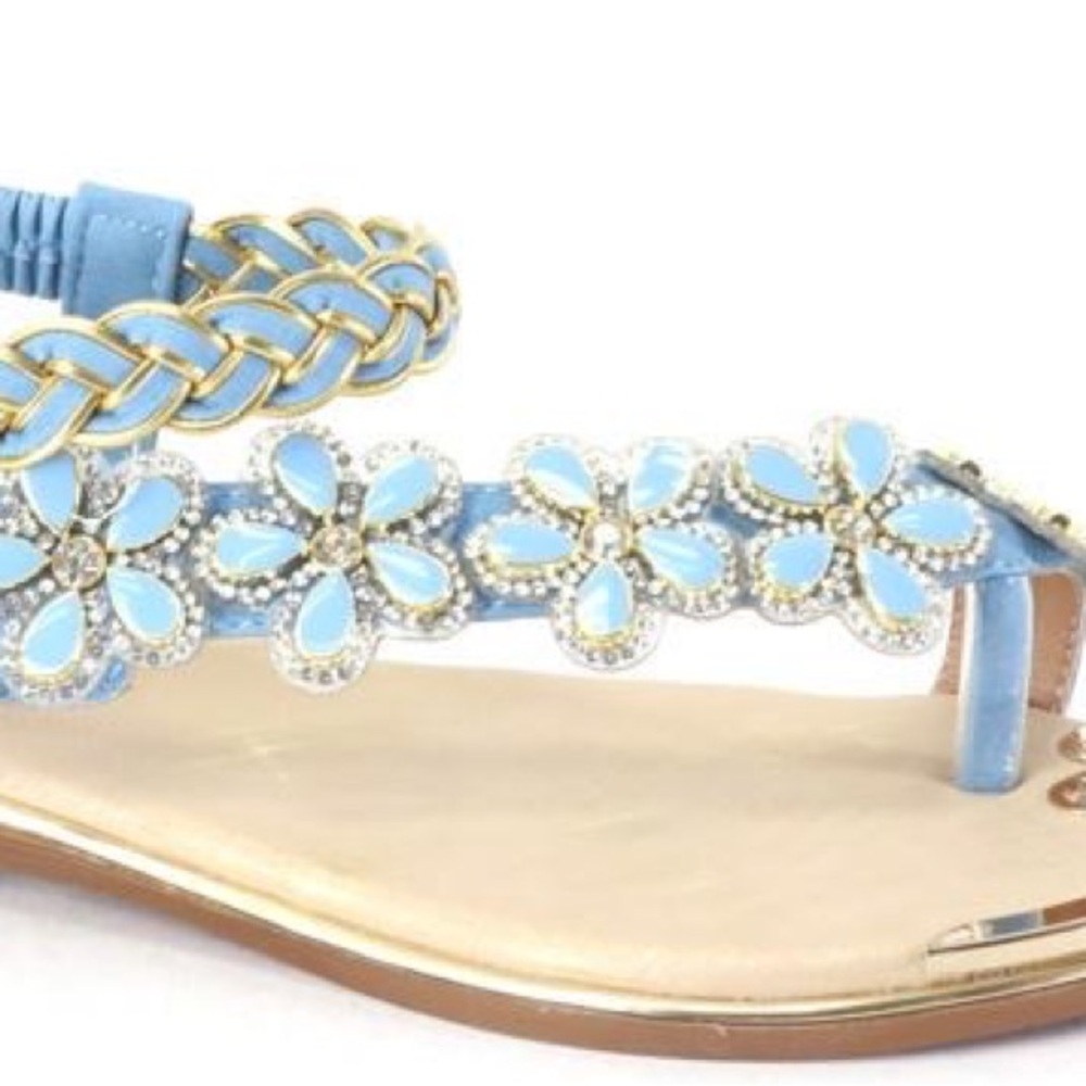 New Color! Italina Blue Floral Rhinestone Embellished Toe Ring Sandal - Picture 4 of 12